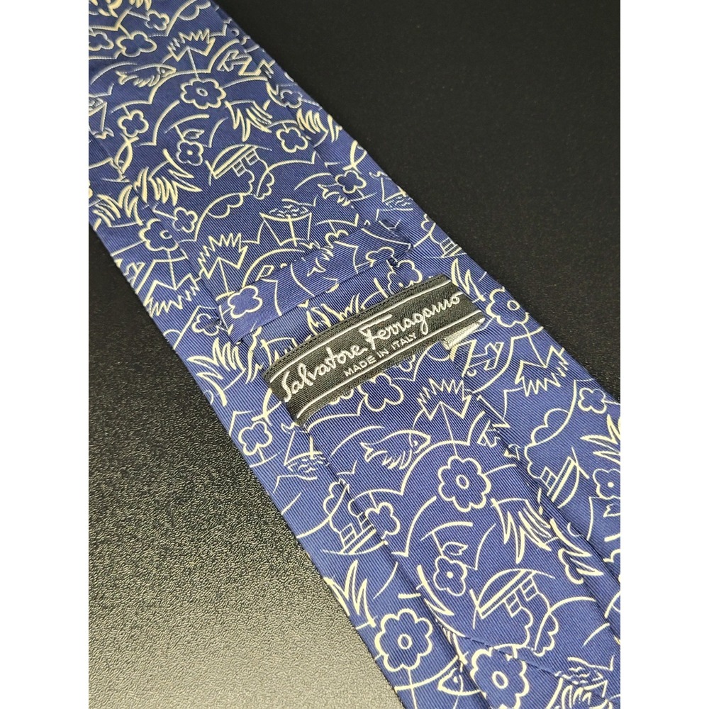 Salvatore Ferragamo Mens Silk Tie Blue Nautical Fish Sailboat Made in Italy